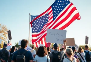 Protesters at Kitty Hawk holding signs and American flag