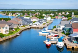 A beautiful harbor view of Manteo, North Carolina with boats and lush scenery.