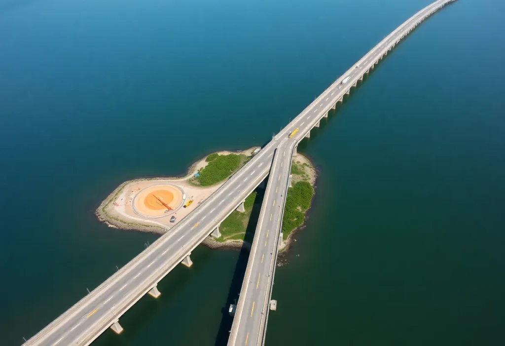 Aerial view of the Mid-Currituck Bridge construction site with surrounding natural landscape.
