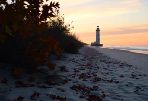 Serene sunset at Nags Head beach in fall with lighthouse