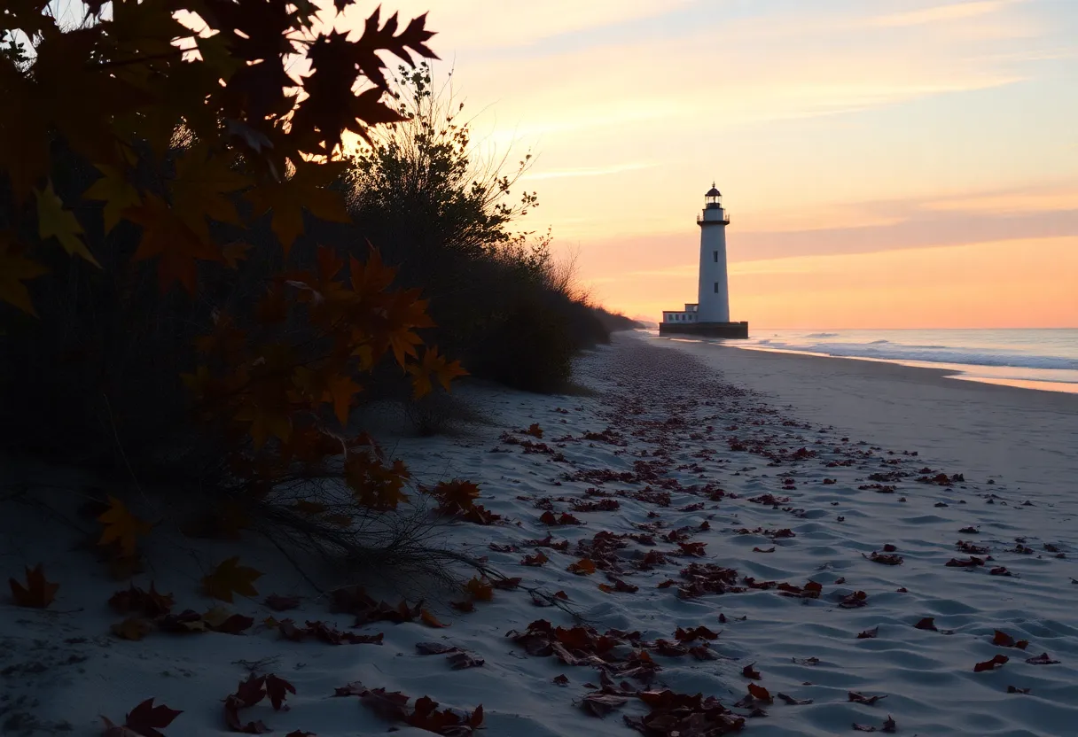 Serene sunset at Nags Head beach in fall with lighthouse