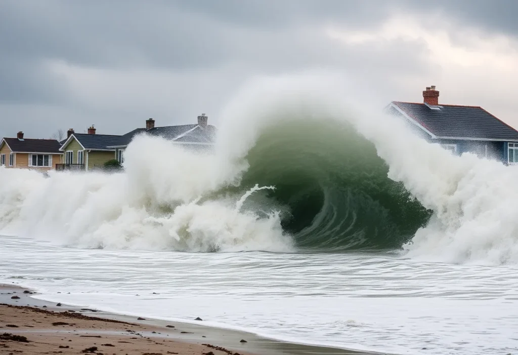 Destructive waves wash over homes in Nags Head, NC, highlighting coastal erosion.