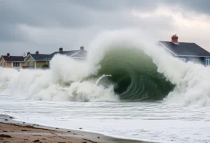 Destructive waves wash over homes in Nags Head, NC, highlighting coastal erosion.