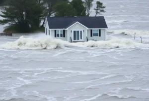 Home in Buxton, North Carolina surrounded by floodwaters due to nor’easter