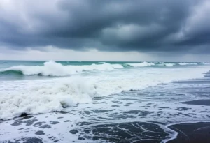 Canvas illustrating a dramatic coastal scene during a nor'easter with strong winds and high waves