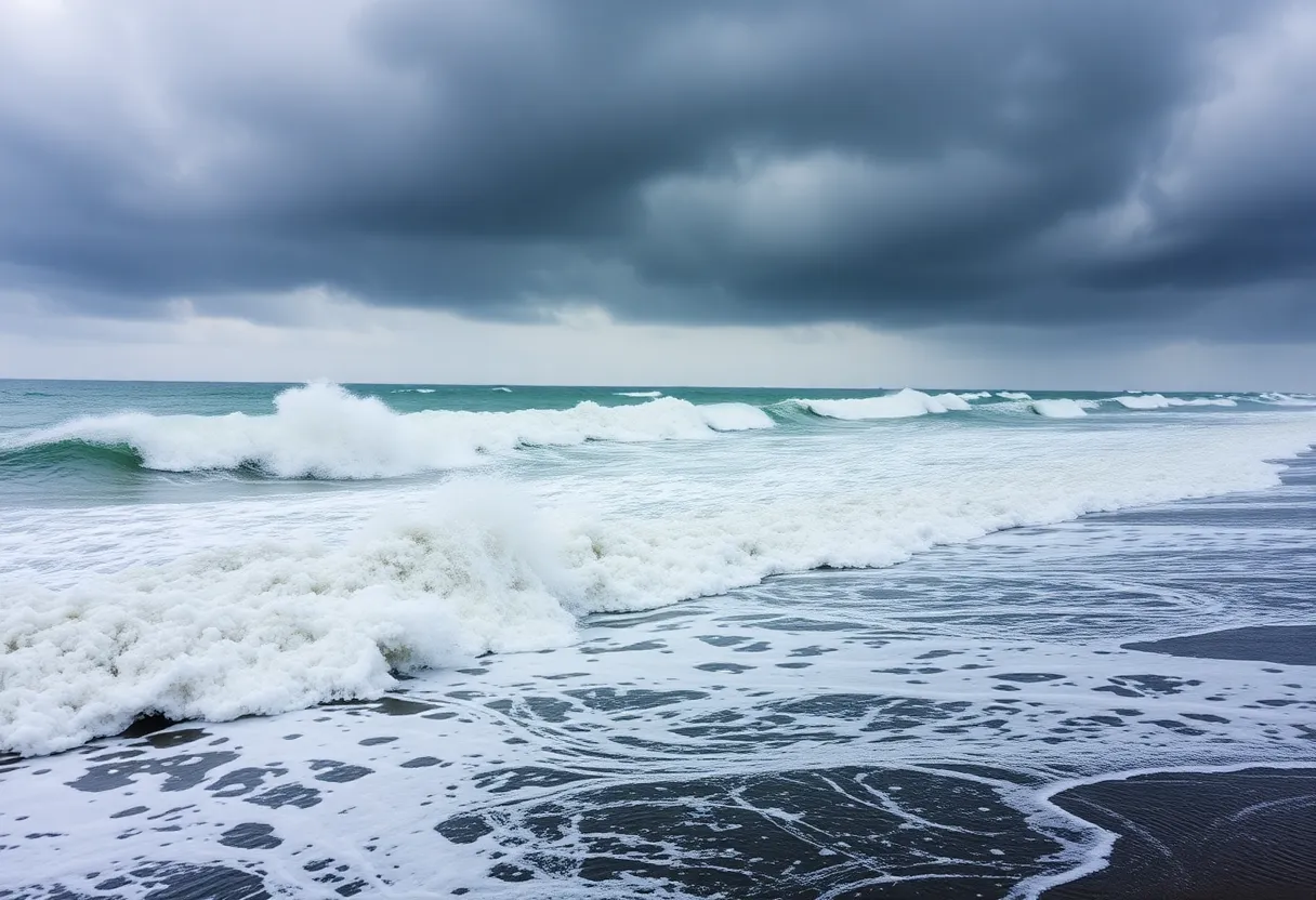 Canvas illustrating a dramatic coastal scene during a nor'easter with strong winds and high waves