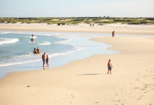 Families enjoying a beach day in the Northern Outer Banks with wild horses in the background.