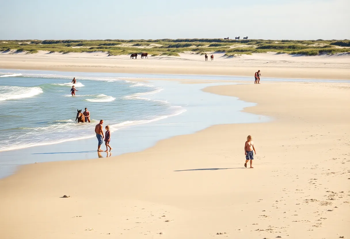 Families enjoying a beach day in the Northern Outer Banks with wild horses in the background.