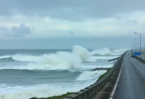 Flooded section of Highway 12 on Ocracoke Island due to severe weather