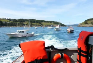 Boats navigating the waters of Oregon Inlet with life jackets visible