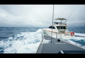 Oregon Inlet with rough waters and a sportfishing yacht