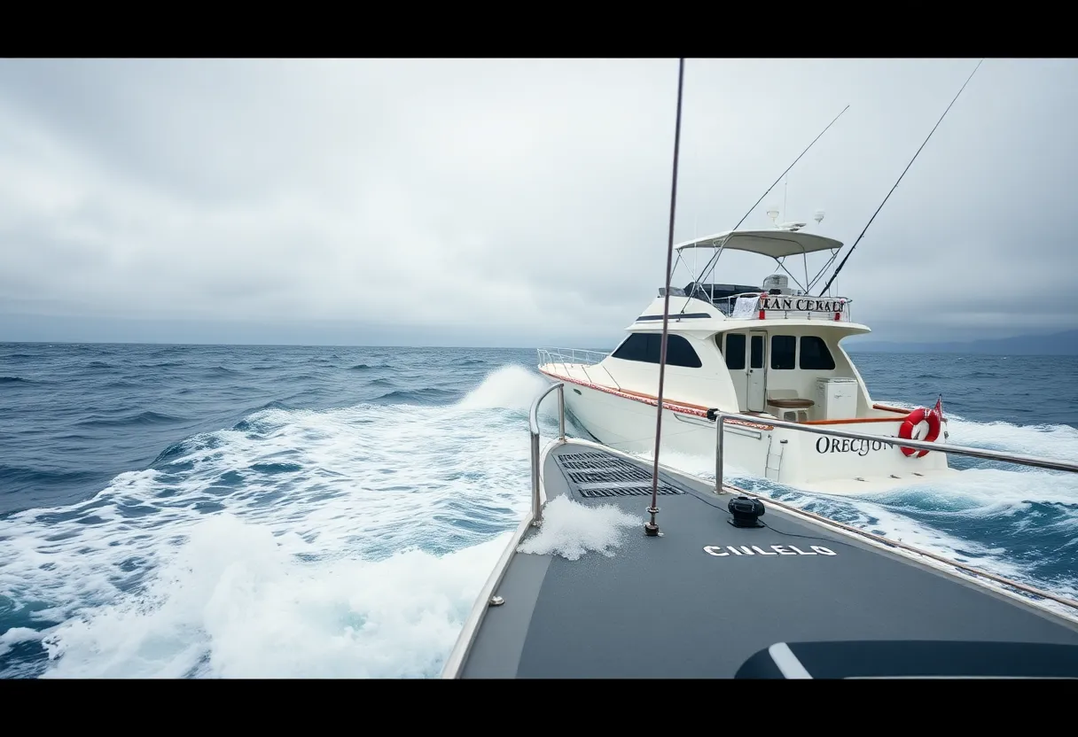 Oregon Inlet with rough waters and a sportfishing yacht