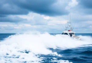 Scenic view of Oregon Inlet, NC with a sportfishing yacht.