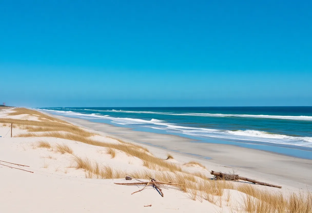 Coastline view of Outer Banks, North Carolina, affected by erosion.