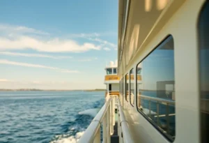 Ferry operating in the Outer Banks with coastline in view