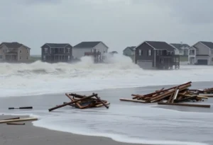 Collapsed homes along the coast of Outer Banks NC due to hurricane damage.