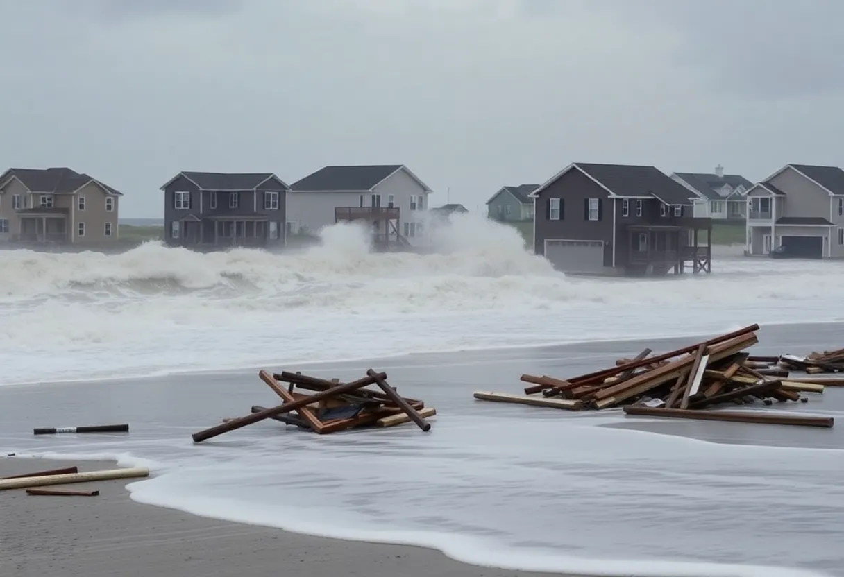 Collapsed homes along the coast of Outer Banks NC due to hurricane damage.