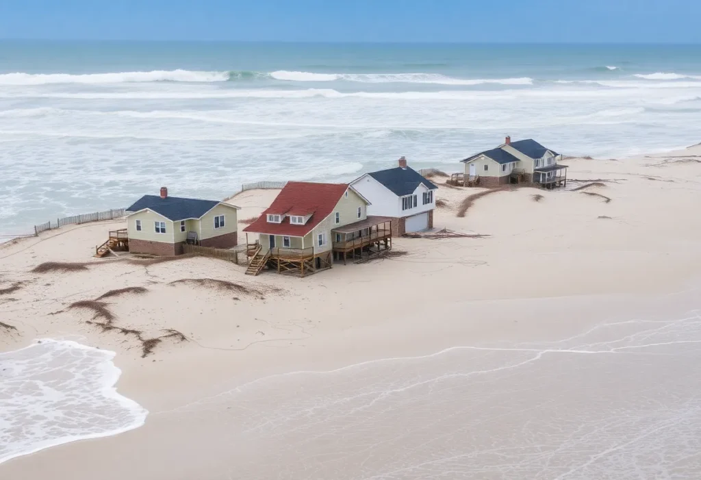 Collapsed houses along the Outer Banks beach in Buxton, North Carolina