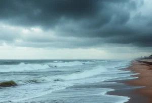 High waves crashing on the Outer Banks shore during Hurricane Erin