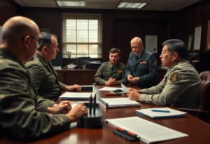 Military personnel discussing conduct policies in an office setting