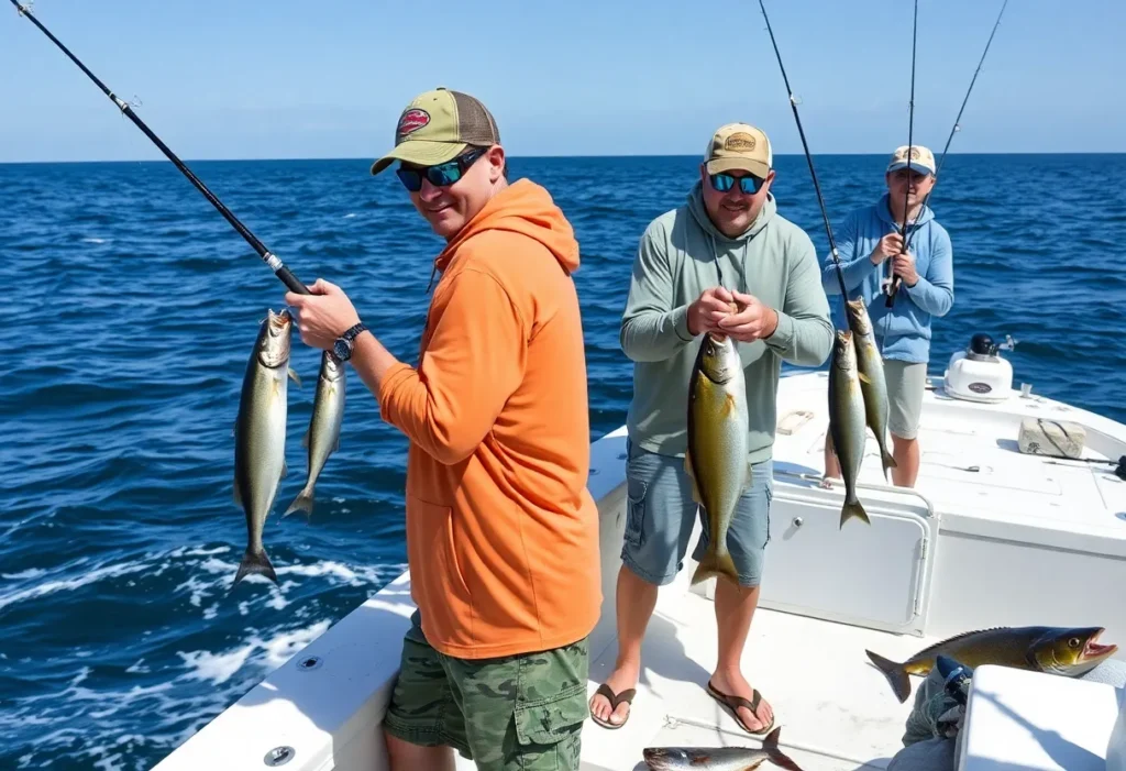 Anglers fishing in North Carolina ocean waters with visible fish catches