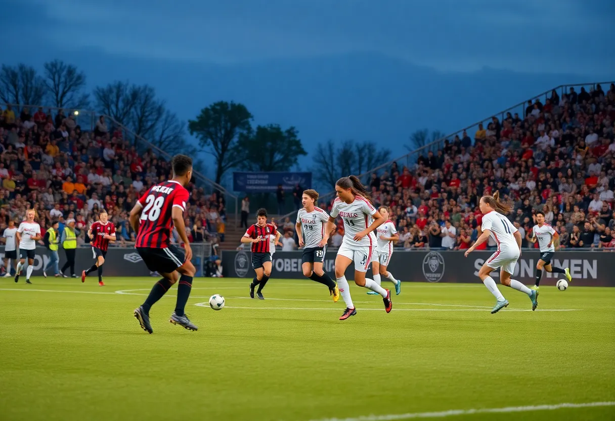 Match scene of Rice Owls women's soccer team during Senior Night celebrating with fans.