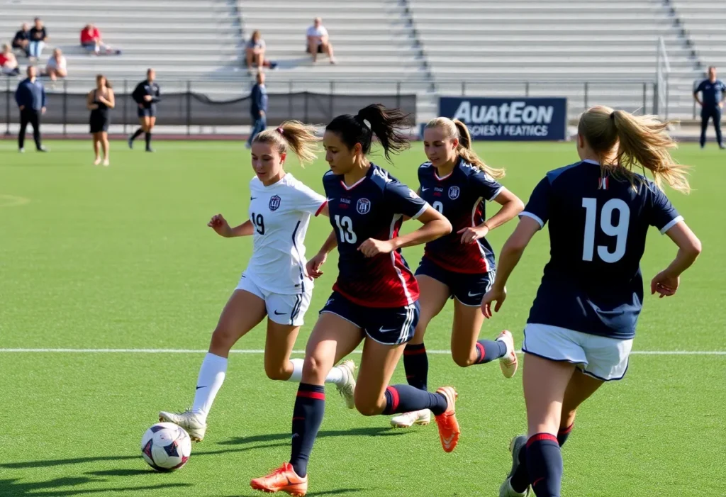 Rice University women's soccer players competing in a match