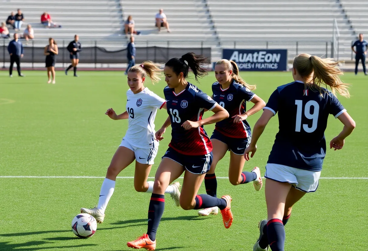 Rice University women's soccer players competing in a match