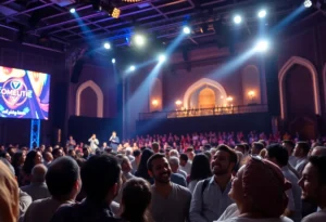 A lively audience enjoying a comedy show on stage under bright lights.