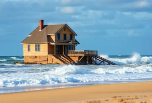 Collapsed oceanfront house in Rodanthe with waves crashing in the background