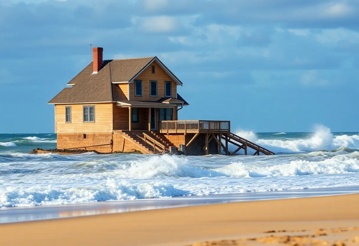 Collapsed oceanfront house in Rodanthe with waves crashing in the background