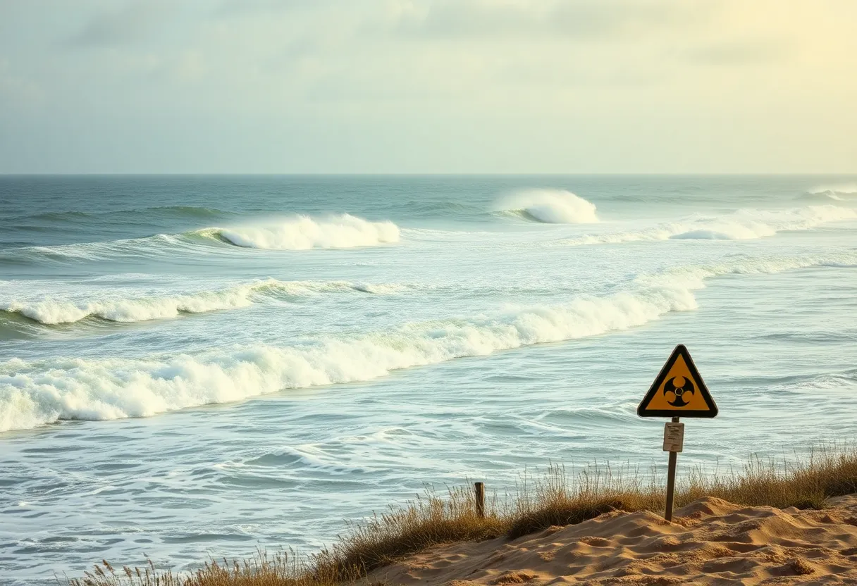 Rough ocean waves and a beach hazards warning sign on Outer Banks.