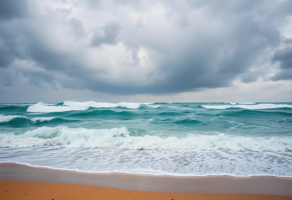 Rough ocean waves and stormy skies over the Outer Banks during Hurricane Erin