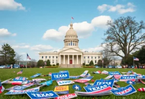 A view of the Texas state capitol with campaign material in the foreground.